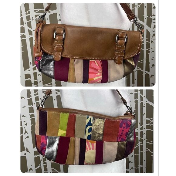 Fossil Patchwork Leather Suede Fabric Hobo Shoulder Bag Clutch - Picture 1 of 11